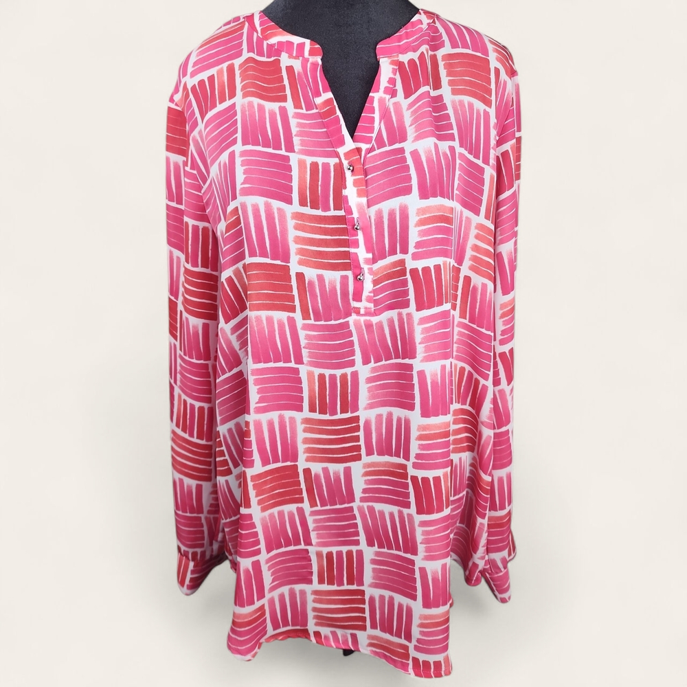 LIZ CLAIBORNE | Barbie Pink Wearable Art Artsy Business Casual Silver Top | XL